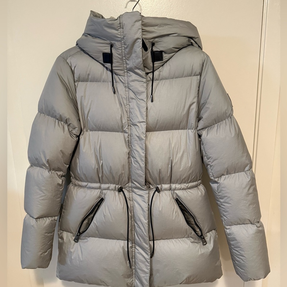 Mackage grey/silver jacket. Size small. MIDI length with sinch waist